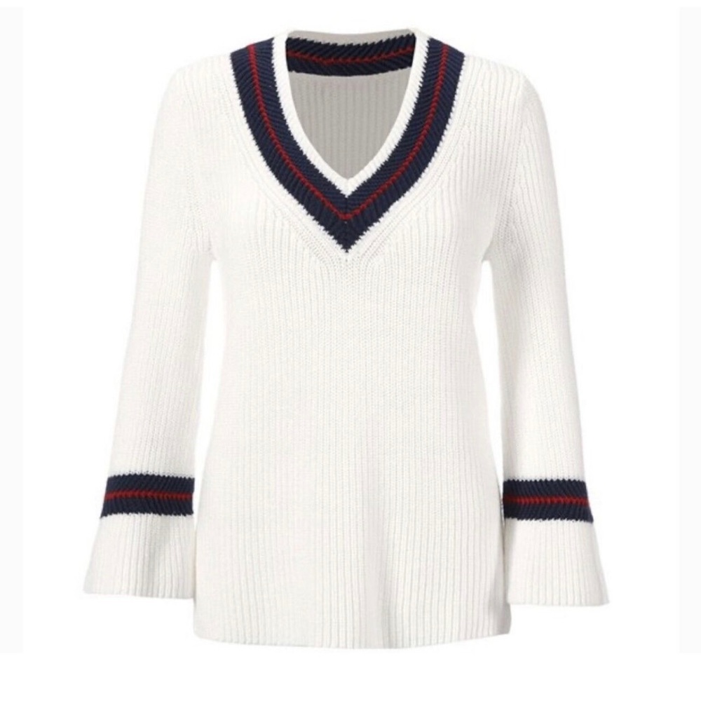 Cabi Ace Pullover - Preppy Tennis Sweater - White with Stripes - Size M